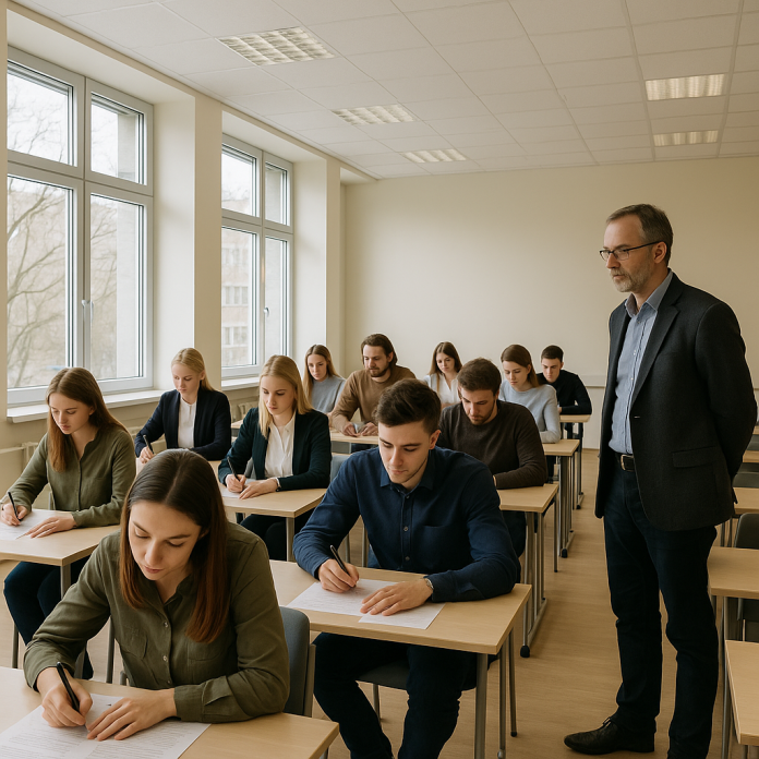 Tudengid sooritamas lõpueksamit Eesti ülikooli klassiruumis